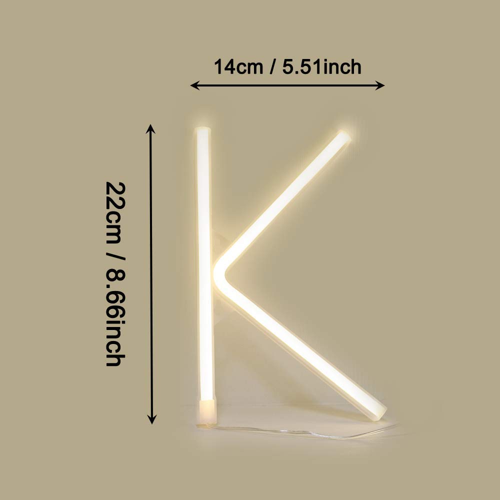 ENUOLI Neon Letter Sign Night Lights LED Warm White Alphabet Neon Art Lights Battery/USB Operated Neon Wall Decor Light up Words for Wedding Birthday Party Christmas Home Bar Decoration (K)