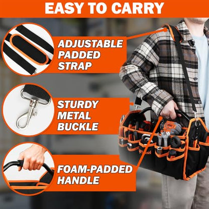 16 Inch Electrician Tool Bag, 26 Pockets Foldable Open Top Tool Bag Organizer with Handle & Padded Adjustable Strap, Heavy Duty Construction, Waterproof