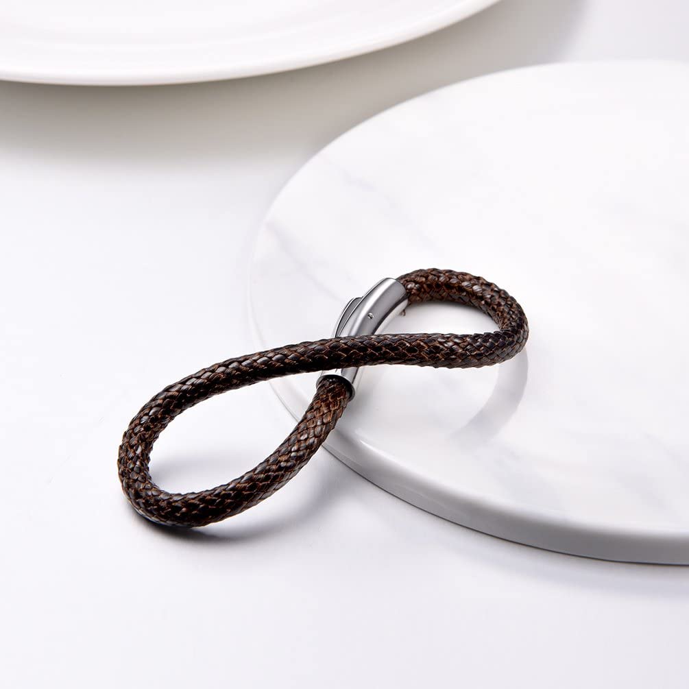 FOCALOOK Braided Leather Bracelet,Brown Hand Chain Leather Cord Rope Bracelet for Grandson 7inch(18cm)