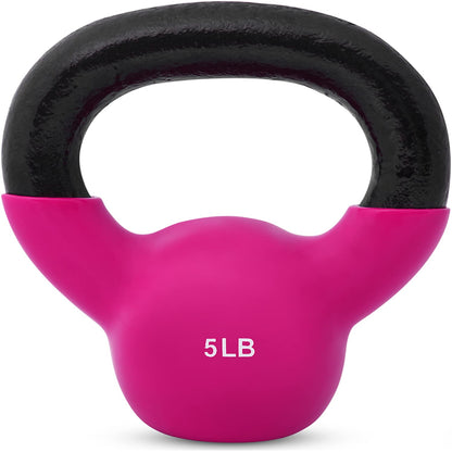 JFIT Vinyl-Coated Cast Iron Kettlebell Weight – Flat Bottom Kettlebell for Strength Training, Cross Training & Home Gym Workouts, 5LB-Hot Pink