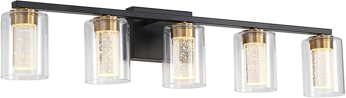 5-Light Black Bathroom Light Fixture, Dimmable 5CCT Black and Gold Bathroom Vanity Lights, 2700K-6500K Modern Crystal Bubble LED Wall Sconce Over Mirror with Clear Glass