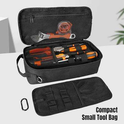 Portable Small Tool Bag, Heavy Duty Tool Pouch Bag with Shoulder Strap and D-ring Clip, Durable Waterproof Multiple Pockets Tool Hand Bag for Electricians, Carpenters, HVAC Technicians (Black)