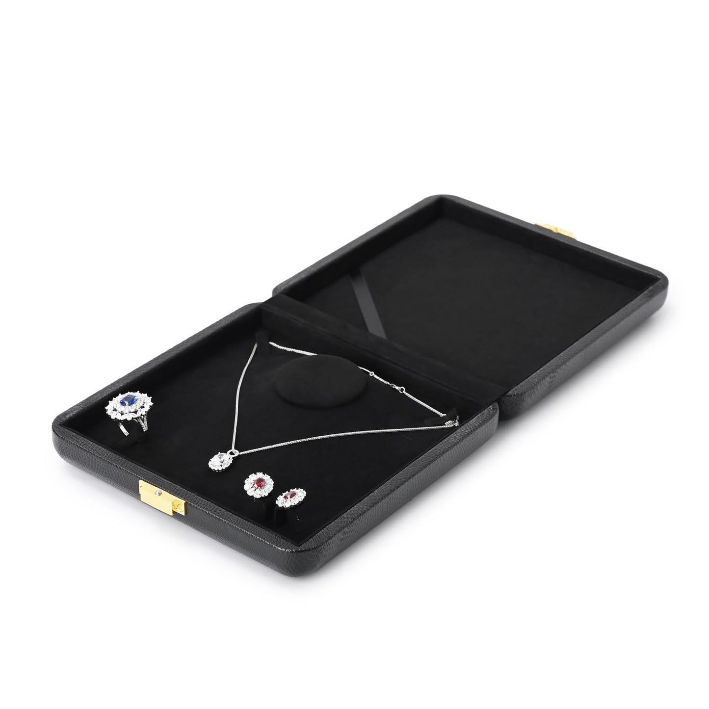 Oirlv Black Leather Jewelry Set Box with Gold Clasp, Luxury Velvet Lined Organizer for Rings, Necklaces & Earrings