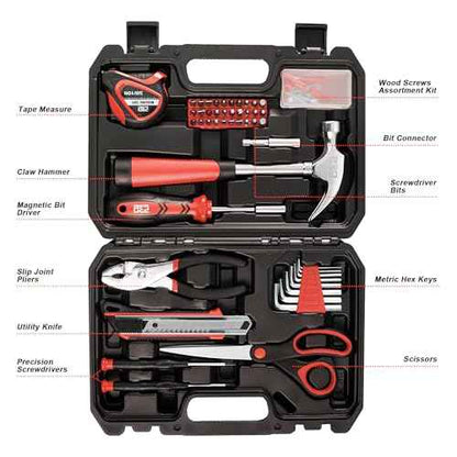 Prostormer 93-Piece Tool Kit, Basic Household Repair Tool Set with Toolbox Storage Case, Small Starter Tool Box Kit for Homeowners and College Students (Red)