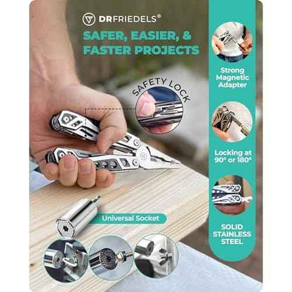 Multi Tool with Universal Socket - 22 in 1 Stainless Steel Multipurpose Tool with Saw, Pocket Knife, Wire Stripper & More - Small Tools for DIY Enthusiasts, Hobbyists, & Professionals by DrFriedels