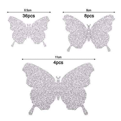 BBTO 48 Pieces Butterfly Wall Decor DIY Mirror 3D Butterfly Stickers Removable Decals for Home Bedroom School Bathroom Living Room Decor(Glitter Silver)