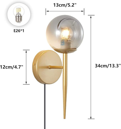 BOKT 2-Light Plug in Wall Sconce with Smoky Gray Glass Shade Modern Globe Wall Sconce Bedside Lamp for Bathroom Bedroom Corridor