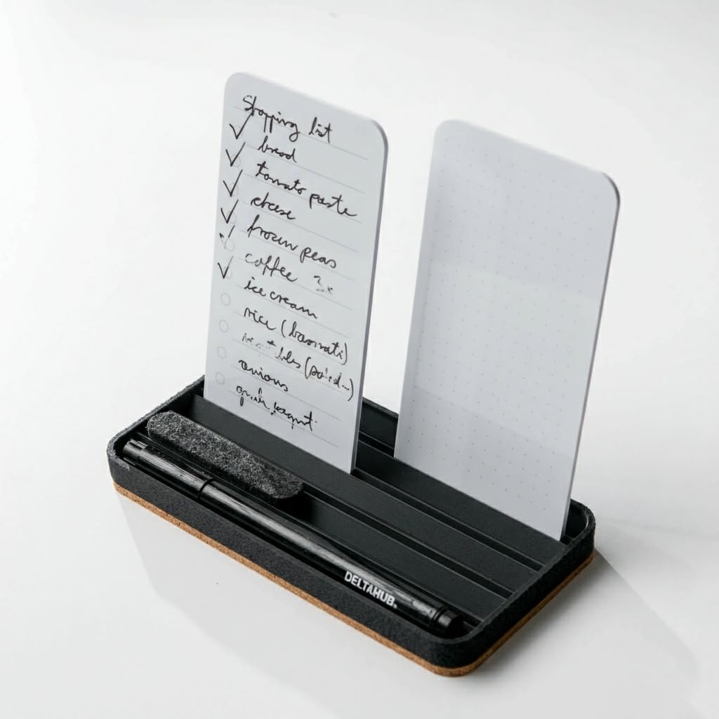 DeltaHub Reusable To-Do List for Desk - Dry Erase Daily Planner with 2 Cards, Marker & Eraser - Minimalist Desktop Organizer for Office, Work from Home - Analog Productivity Tool (Black)