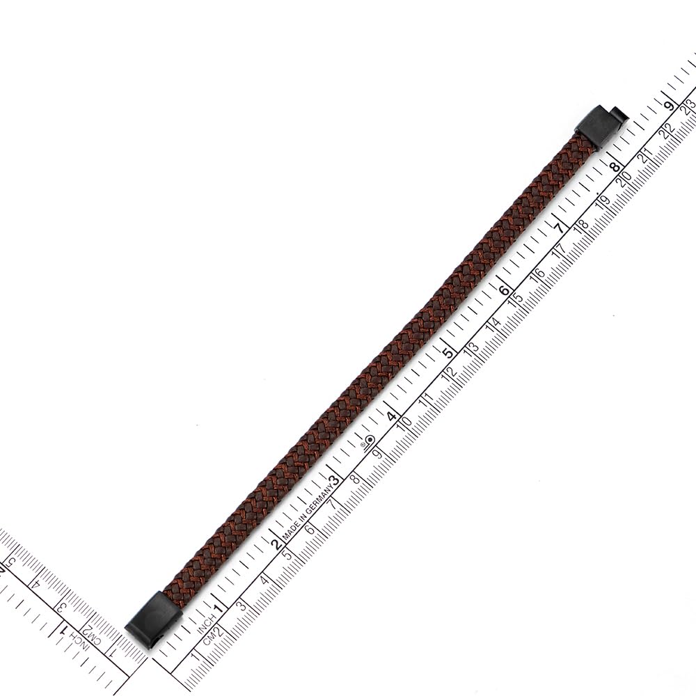 COOLSTEELANDBEYOND Men's Brown Braided Leather Bracelet with Matte Black Clasp, Nordic Minimalist Jewelry for Daily Wear, Rustic Masculine Fashion Gift for Him