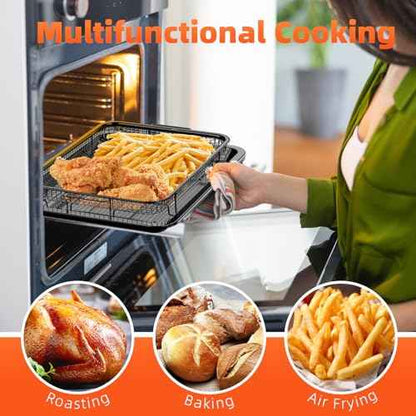 Air Fryer Basket, 2 Set Oven Air Fryer Basket and Tray with 60 PCS Parchment Papers, DEGOVIN Crisper Tray Non-stick Stainless Steel Air Fry Pans for Convection Oven(15.8" ¡¿ 11" & 13" ¡¿ 9.7"-Black)