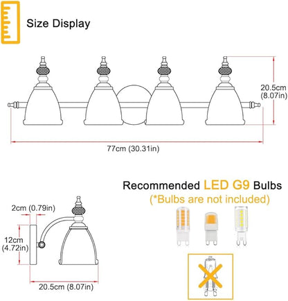 Gold Bathroom Light Fixtures 4 Lights, Antique Brass Vanity Light, Vanity Light Over Mirror, Vintage Bathroom Light with Clear Flower Glass, Lights for Wall Interior Hallway