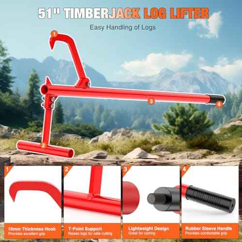 Yesker 51" Cant Hook for Log Roller Logging Tools with Adjustable Steel Cant Hooks Rubber Grip Heavy Duty Timberjack Log Lifter Mover Jack Firewood Tools for Rolling Raising up to 15" Diameter, Red