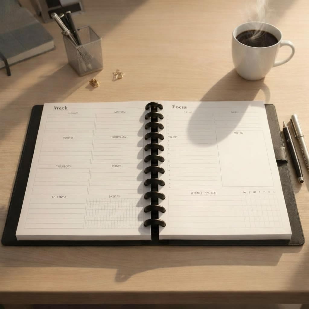 Undated Deluxe Discbound Planner in Gift Box, Letter Size PU Leather Cover – Monthly & Weekly Layout, Goal Setting, Habit Tracking, Refillable Organizer by FeroniArt (Black, Letter)