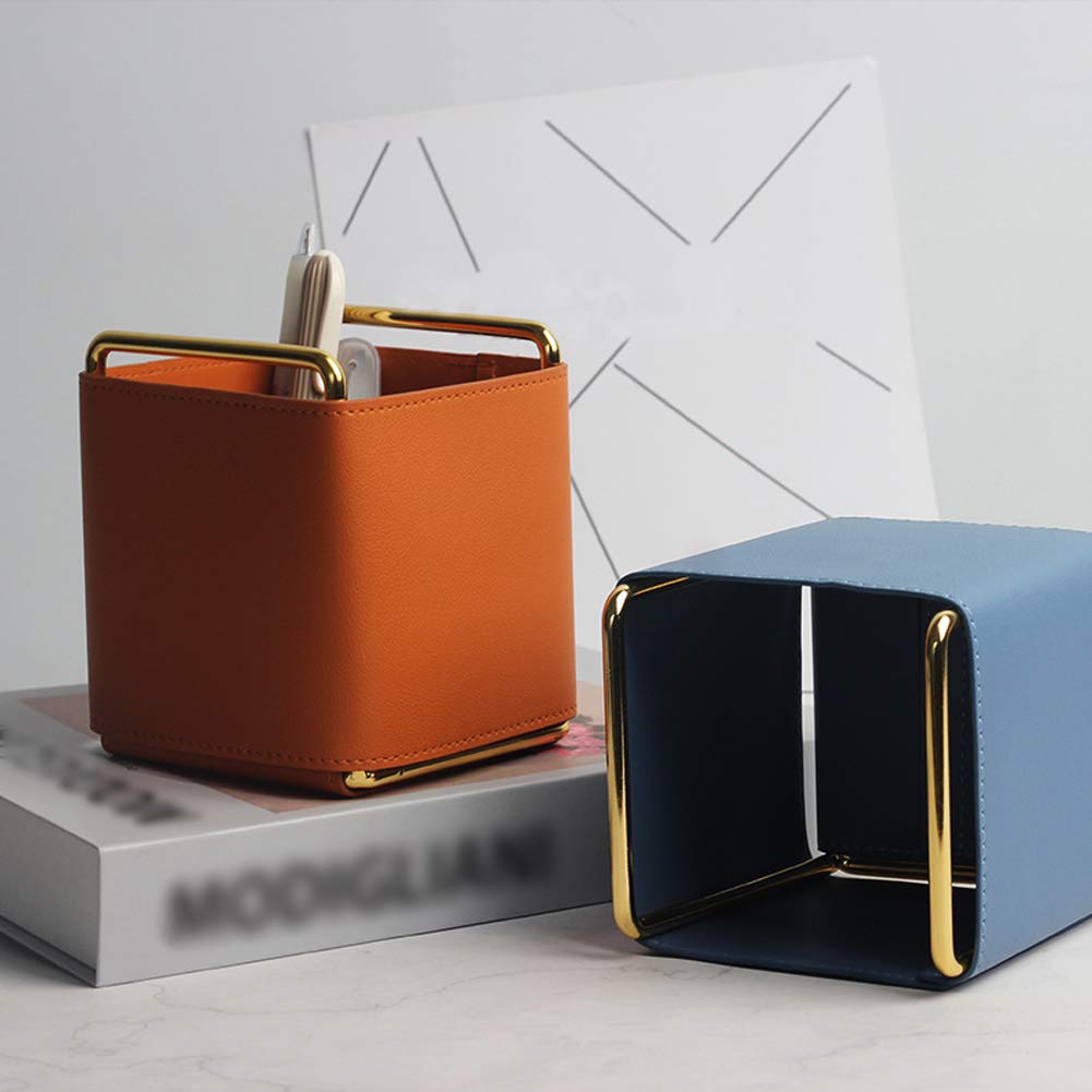 Kelendle Leather Pencil Holder Desktop Organizer Iron Art Desktop Makeup Brush Remote Control Storage Box Office Pen Holder for Desk Brown