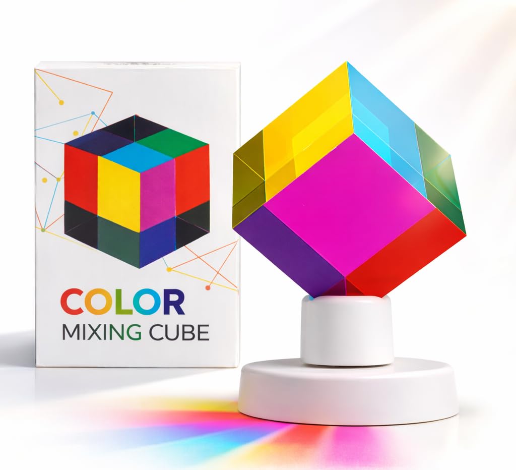 Twiddler Toys Color Mixing Cube with Display Stand – 2 Inch (50mm) Cyan, Yellow, & Magenta Acrylic Prism Optical Physics Desk Decor – Satisfying Silent Fidget Toy
