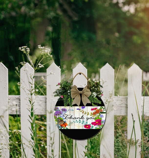 A Garden Thank You Front Door Sign Funny Wreaths Hanging Wooden Plaque Decoration Round Rustic Wood Farmhouse Porch Decor for Home Front Door Decor, 12 x 12 Inch