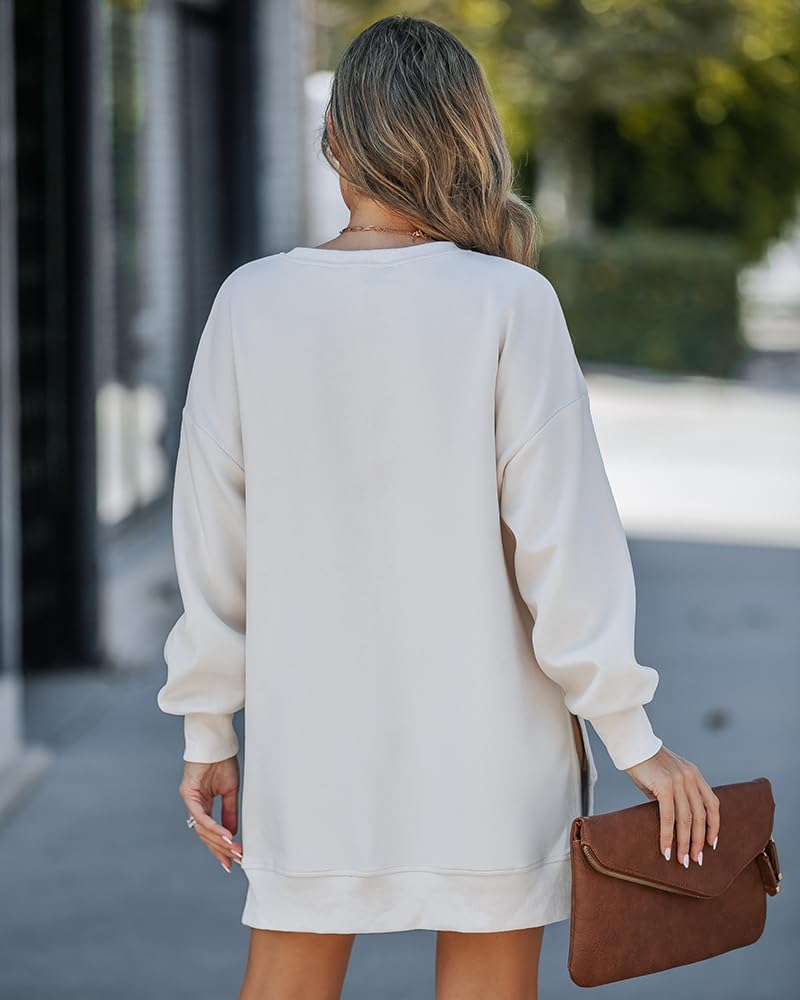 CHICME BEST SHOPPING DEALS Women Oversized Sweatshirt Zipper Slit Long Sleeve Pullover Top Fall Outfits Apricot-M