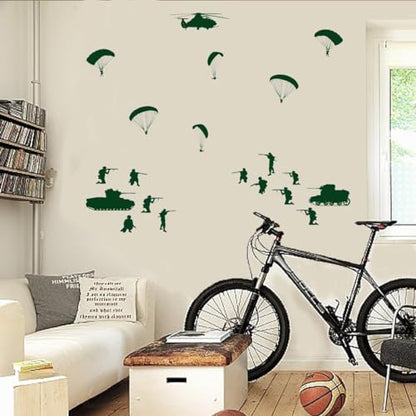 PLIGREAT 20 Pcs Parachutes Tanks Soldiers Wall Stickers, Peel and Stick Wall Decals, DIY Art Decor Removable Vinyl Military Green Walls Stickers for Living Room Bedroom Paly Room Home Decorations
