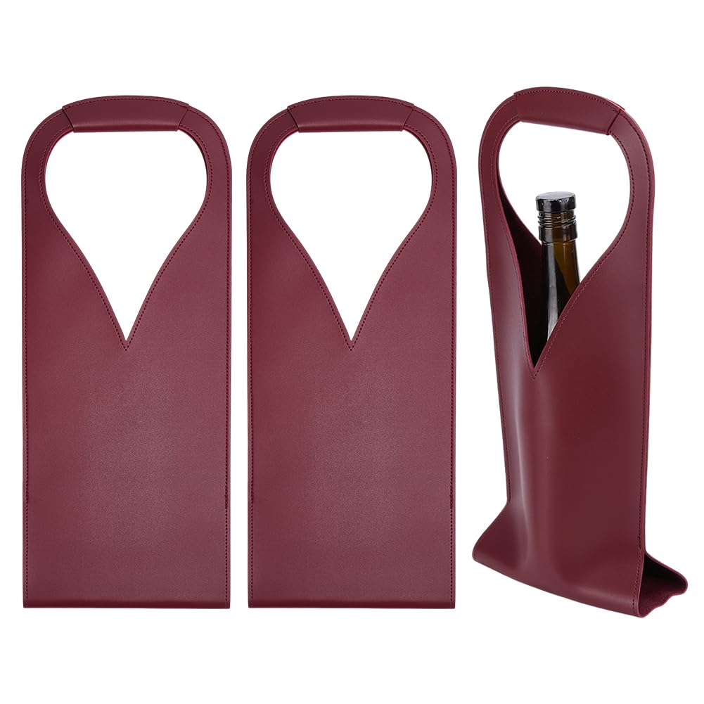 OLYCRAFT 3Pcs Dark Red Wine Tote Bag Reusable Leather Wine Carrier for Universal 750ml Bottle PU Leather Wines Present Bag Single Bottle Champagne Beer Bags for Birthday Wedding Christmas Party
