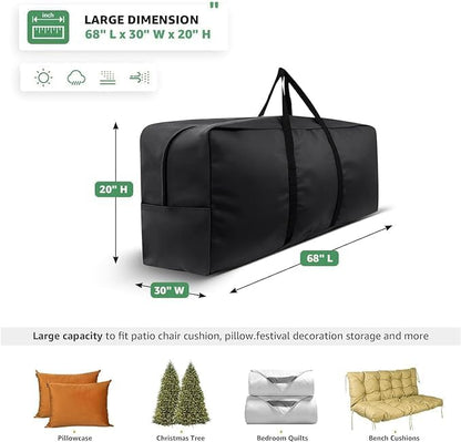 Cushion Storage Bag 420D Waterproof 68" Rectangular Outdoor Patio Cushion Storage Bags — Outdoor Cushions Storage Bag with Zipper and Handles Extra Large Storage Bags 68" L x 29" H x 20" W Black