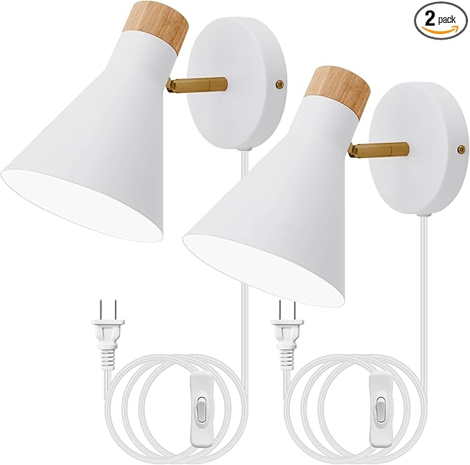 Wall Sconce Set of 2, Wall Sconce with Metal Shade, Plug Switch, Indoor Decor Wall Mount Swing Arm Lamp for Bedroom,Hallway,Living Room,Reading, White
