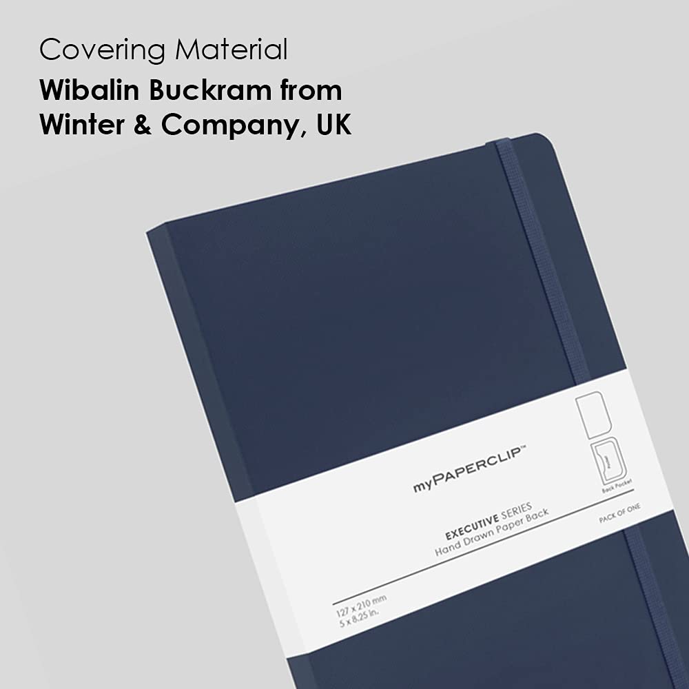 myPAPERCLIP Executive Series Medium Plain Notebook | 192 Pages, 80 GSM, Soft Cover, Medium Size (5 x 8.25 in) | Flat Lay | Bookmark, Elastic Closure & Back Pocket | Blue