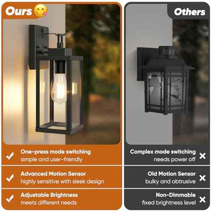 BesLowe 14¡± Upgraded Motion Sensor Outdoor Wall Lights, Dusk to Dawn Porch Lights Outdoor Wall Sconces, 3 Lighting Modes Exterior Lighting Fixtures with Hooks, Black Outside Lights for House, 2-Pack
