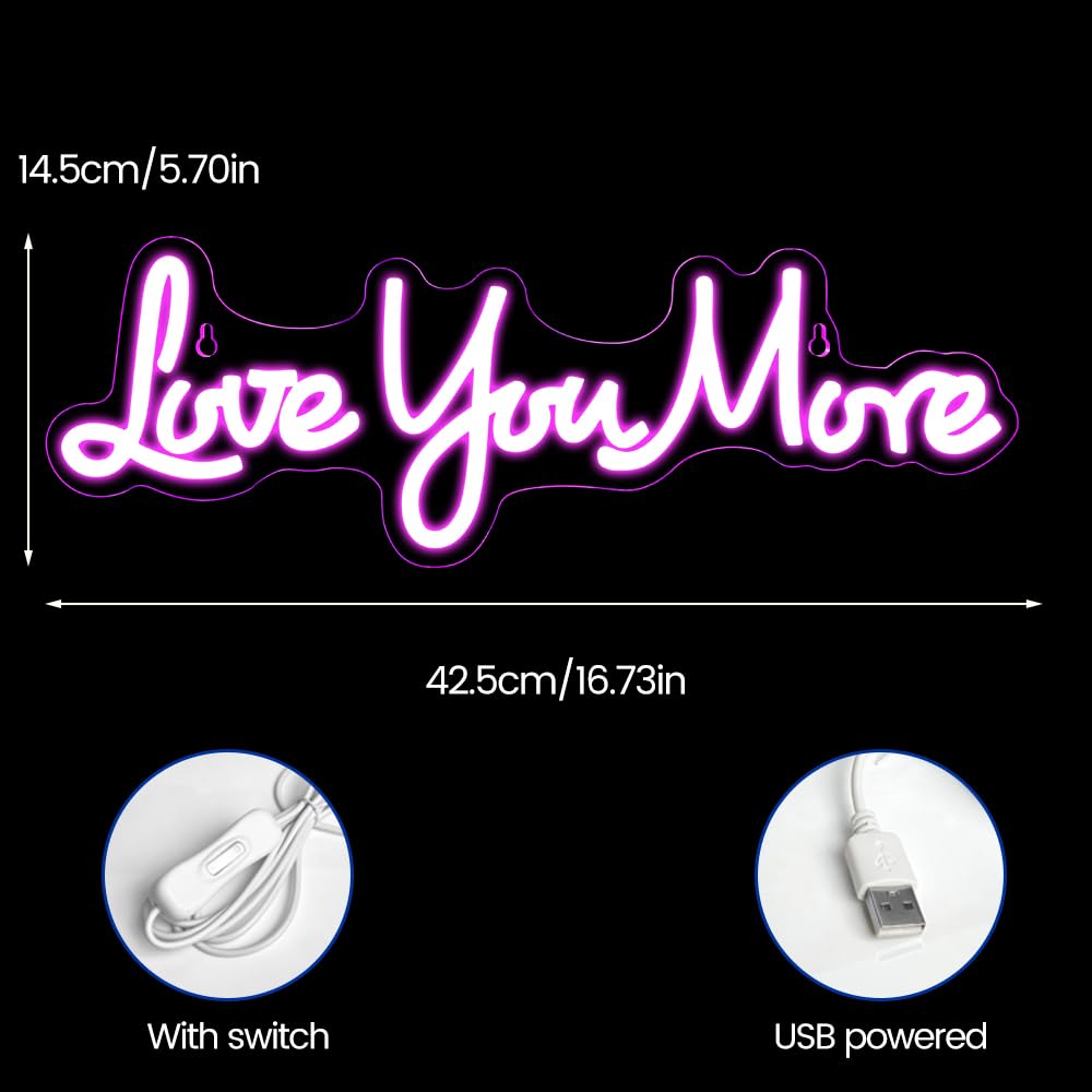 RuCvixkt Love You More Neon Signs for Wall Decor, Love Neon Sign for Girls Bedroom Decoration, USB Powered LED Neon Light Sign for Wedding Party Birthday Valentine's Day Gift