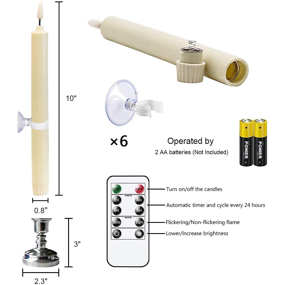 Wondise Flameless Window Candles with Remote & Timer, 10" Battery Operated 3D Wick LED Flickering Taper Candle for Christmas Decorations, Removable Silver Holder and Suction Cups Included(6 Pack)