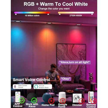 LED Recessed Lighting 6 inch/5 inch, Smart RGB Bluetooth Can Lights, 13W 1050LM, Color Changing, Retrofit Led Recessed Light Compatible with Alexa for Bedroom Living Room Kitchen, 6Pack