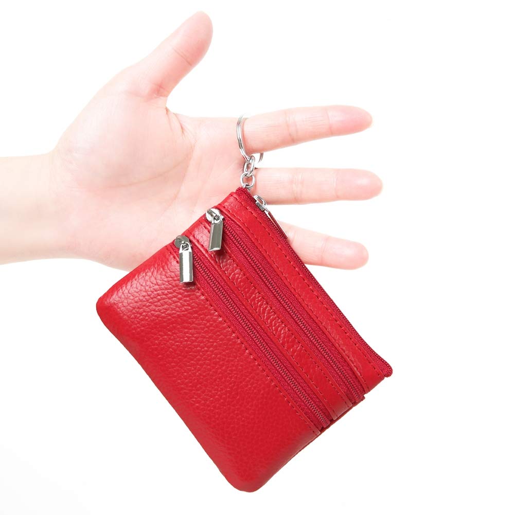 Women's Genuine Leather Coin Purse Mini Pouch Change Wallet with Keychain,red