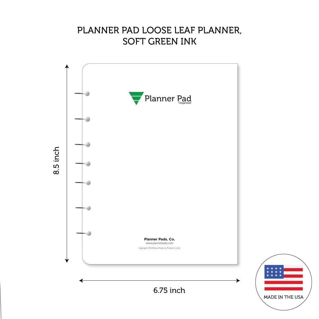 Planner Pad 7 Hole Loose Leaf 3-Tier Funnel Down 12 Month Organizer, October 2025 – September 2026, Soft Green Ink, 6 3/4" x 8 1/2"