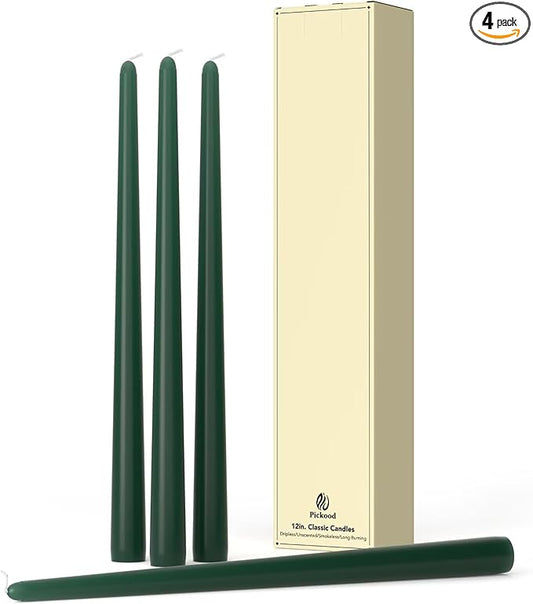 12-Inch Tall Dripless Taper Candles Set of 4 - Dark Green Tapered Candles, Perfect for Christmas - Smokeless, Unscented, Long Burning - Hand Poured, Colored Tall Candlesticks - Hunter Green