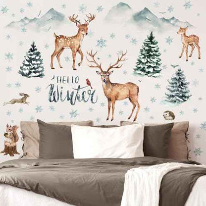 Kajaia Winter Christmas Forest Deer Wall Decals Stickers Woodland Pine Tree Animal Wall Decals Peel and Stick Snowflakes Rabbit Mountain Birds Stickers for Xmas Living Room Holiday Decor