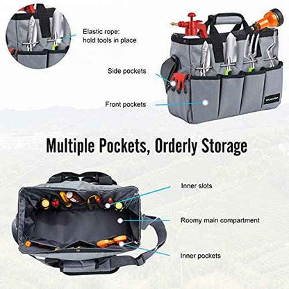 Housolution Garden Tote Bag, 900D Gardening Tool Bag, Garden Tote Storage Bag with Pockets & Long Adjustable Shoulder Strap, Home Tools Organizer Garden Tool Kit Holder, Standable, 14 Inch, Gray