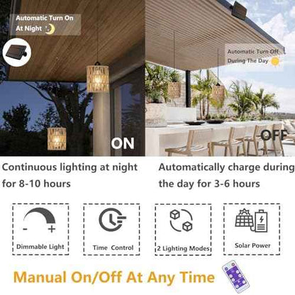 Outdoor Solar Chandelier Indoor Gazebo Lights Waterproof Pendant Hanging Light for Pergola Porch Patio Decor Boho Rattan Lampshade Farmhouse Shed USB Powered Accessories Dimmable Remote