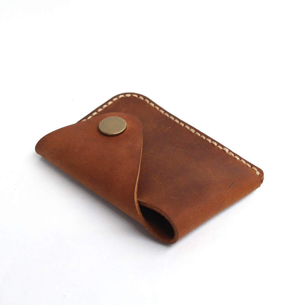 Handmade Genuine Leather Card Holder with Snap Closure - Ultra Slim Minimalist Wallet, Hand-Stitched Compact Front Pocket Card Case for Men & Women (Brown)