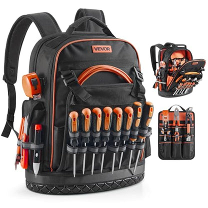 VEVOR Tool Backpack, 64 Pockets, Heavy-duty Tools Storage Organizer Work Bags Backpack with Laptop Compartment & Molded Base, Electrician Jobsite Backpack for Electrician, Repairman, and HVAC Techs