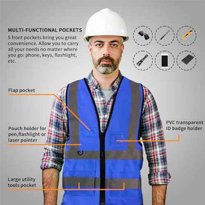 Safety Vests,Hi Vis Vest Reflective Vest with 5 Pockets and Zipper for Men Women, Neon Working Vest for Outdoor One Size