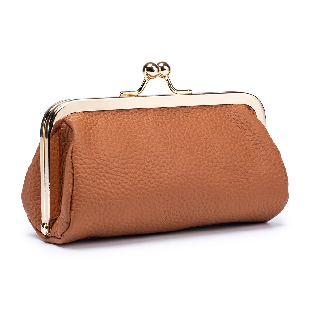 EutDett Lipstick Case with Mirror, Genuine Leather small makup bag for Purse - Kiss Lock Cosmetic Bag Portable Mini Makeup Pouch for Women, Small Travel Makeup Organizer (Brown)