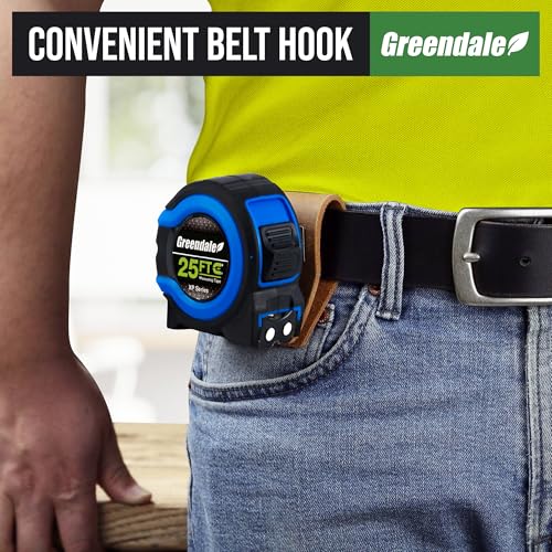 Greendale – 3 Pack Tape Measures 25 ft – Easy-Read Fractions, Magnetic Tip, Quick-Lock & Auto-Retract – Heavy-Duty Measuring Tape with Belt Clip – Blue