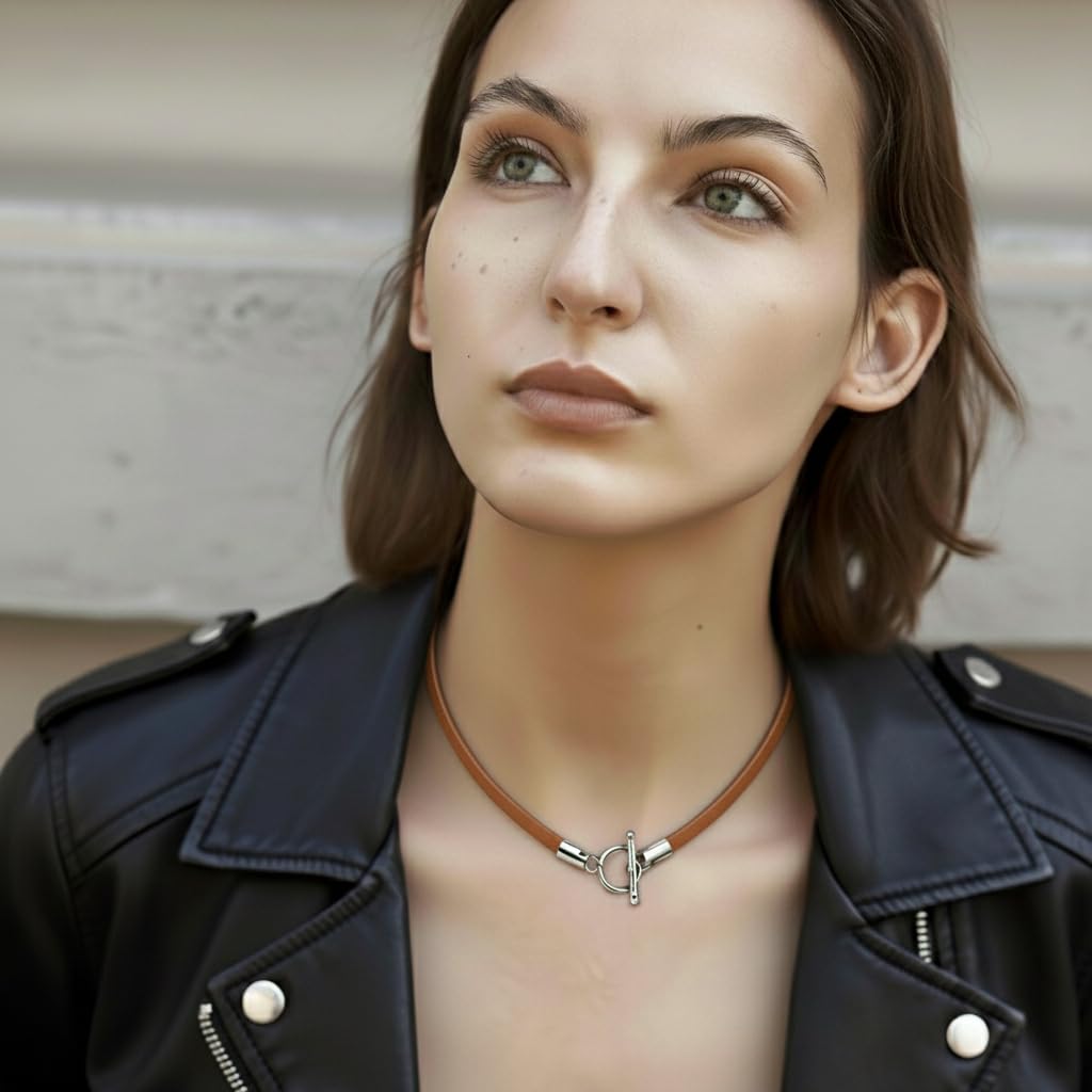 Leporem Leather Cord Necklace, 4mm Cowhide with Stainless Steel Toggle Bar Closure, Minimal Unisex Necklace for Charms & Pendants (Brown, 14 inch)