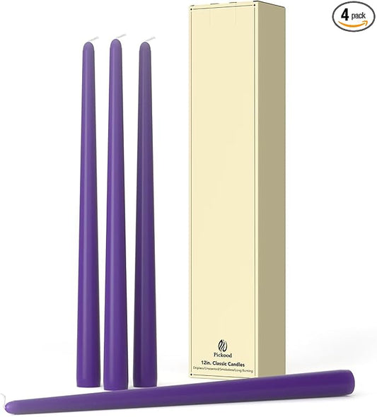 12-Inch Tall Dripless Taper Candles Set of 4 - Purple Tapered Candles, Perfect for Halloween - Smokeless, Unscented, Long Burning - Hand Poured, Colored Tall Candlesticks - Light Purple