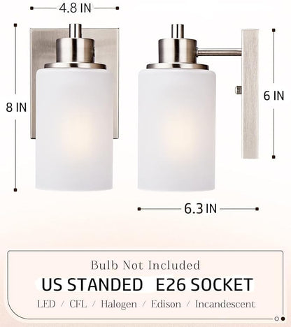 3 Pack Modern Bath Vanity Light Fixture 1-Light, Indoor Bathroom Wall Sconces for Living Room, Porch, Bedside, Brushed Nickel Finish with White Frosted Glass Shades Wall Mounted Lights