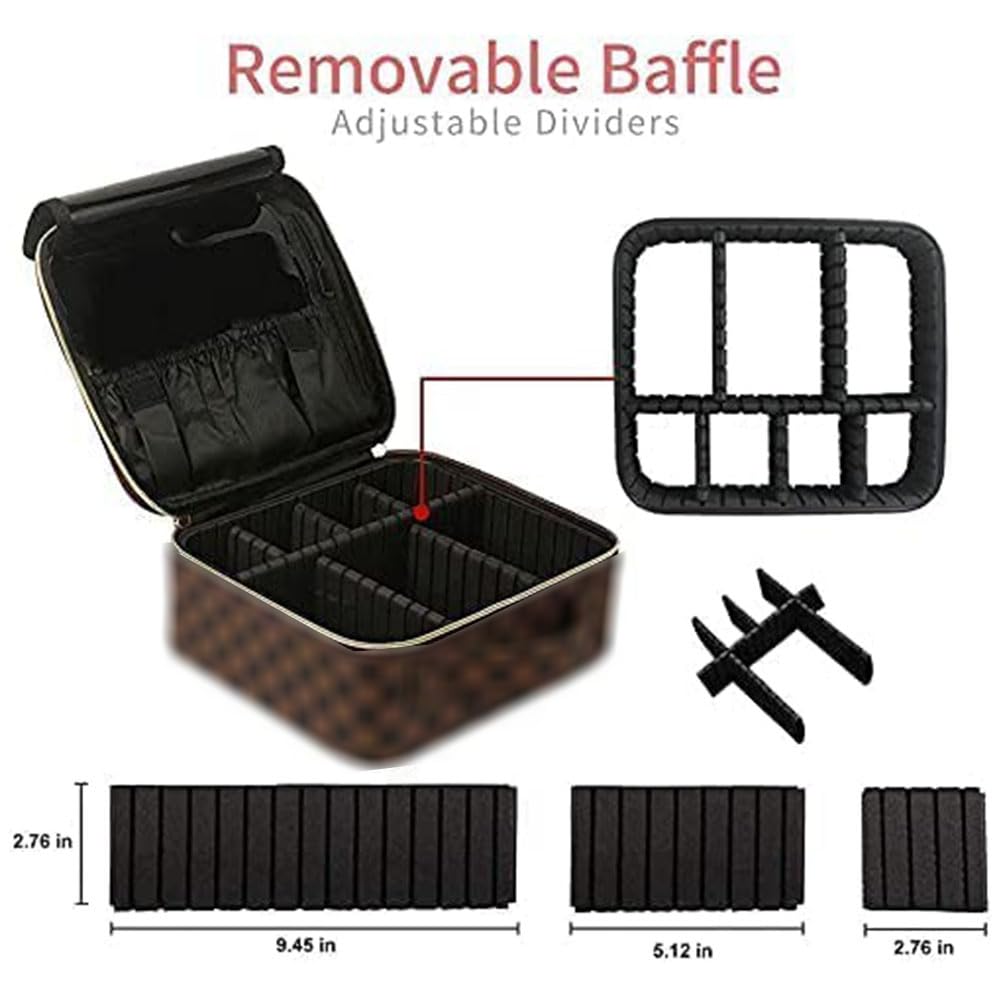 Brown Checkered Makeup Bag Set, Portable with Adjustable Partition, Large Capacity Pouch for Travel Organizer, Makeup Brushes Bag, Waterproof, Toiletries, Designer for Gift( 3Pcs Brown Checkered)