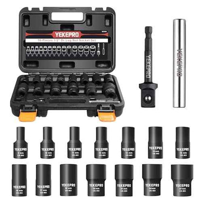 16PCS Bolt Extractor Set, 1/2" Drive Impact Twist Socket Set, Stripped Bolt Extractor for Removing Damaged, Frozen, Rusted, Rounded-Off Bolts, Nuts & Screws, Cr-Mo Steel