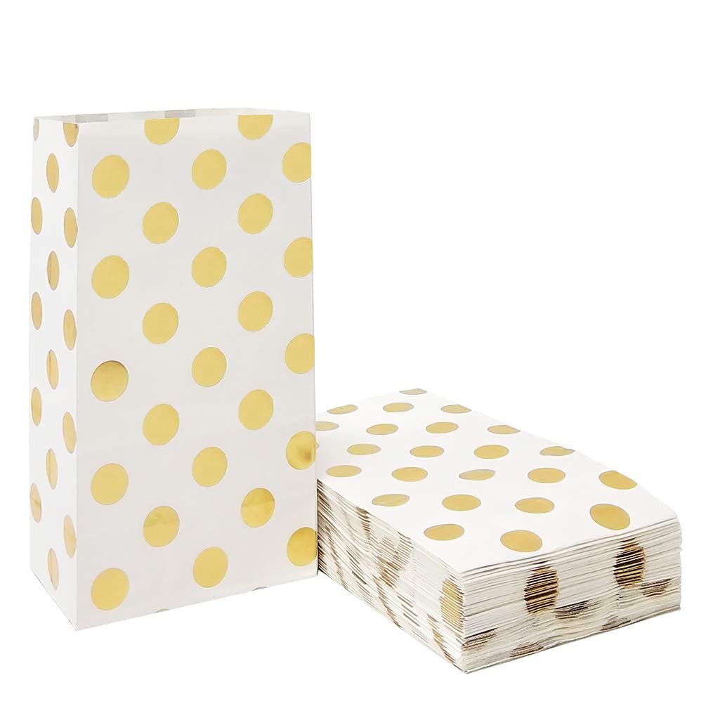 ADIDO EVA 100 PCS Gold Polka Dot Paper Bags Small Paper Party Treat Bags (5.1 x 3.1 x 9.4 Inch)