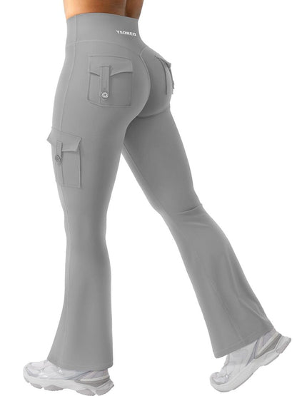 YEOREO CoreFlex Women Workout Flare Leggings with Pockets Scrunch Cargo Gym Yoga Leggings Light Gray XXL