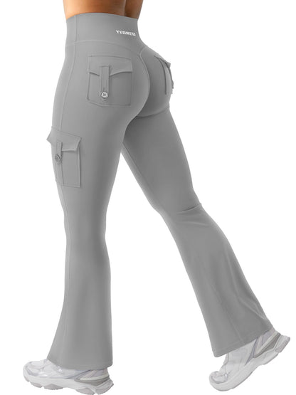 YEOREO CoreFlex Women Workout Flare Leggings with Pockets Scrunch Cargo Gym Yoga Leggings Light Gray XS
