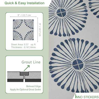 16-Sheet Peel and Stick Floor and Wall Tile, 9" x 9" Blue Stone Composite Self Adhesive Vinyl Flooring, Patterned Flower Groutble Backsplash Tile for Kitchen Bathroom Shower